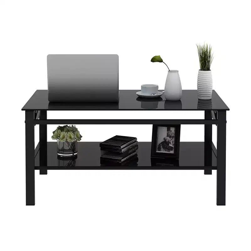 Table basse relevable en verre avec plateau en verre trempé à 2 niveaux et piètement en métal, table moderne pour salon