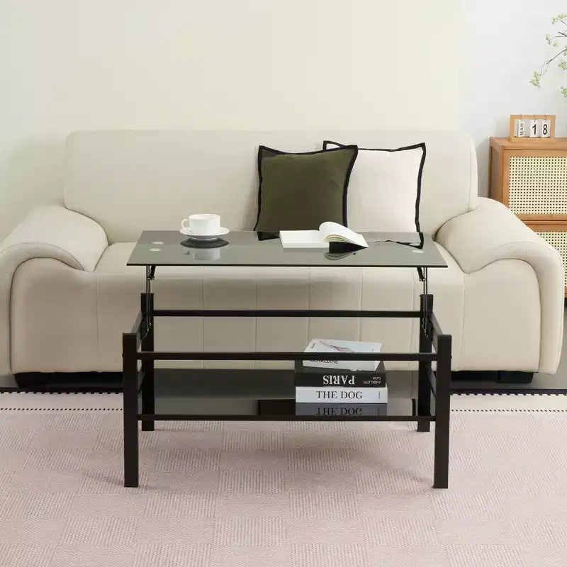 Table basse relevable en verre avec plateau en verre trempé à 2 niveaux et piètement en métal, table moderne pour salon