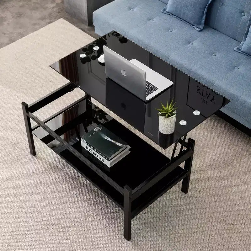 Table basse relevable en verre avec plateau en verre trempé à 2 niveaux et piètement en métal, table moderne pour salon