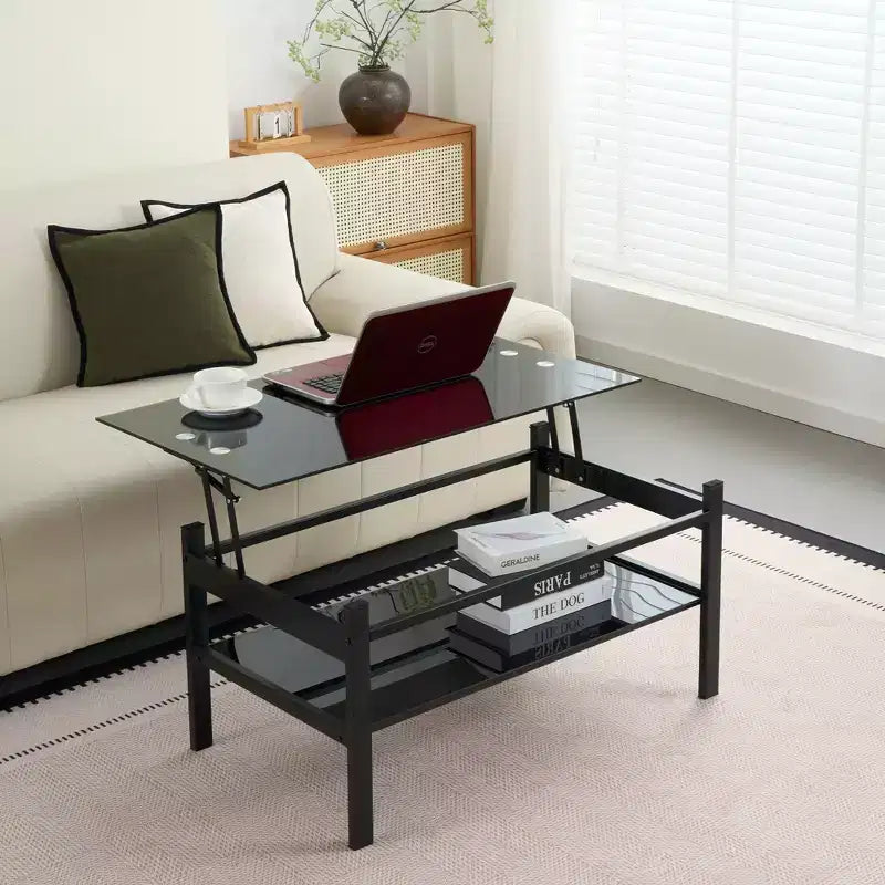 Table basse relevable en verre avec plateau en verre trempé à 2 niveaux et piètement en métal, table moderne pour salon