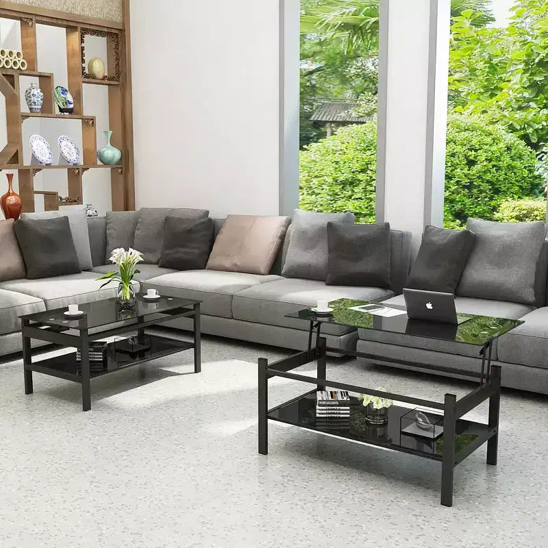 Table basse relevable en verre avec plateau en verre trempé à 2 niveaux et piètement en métal, table moderne pour salon