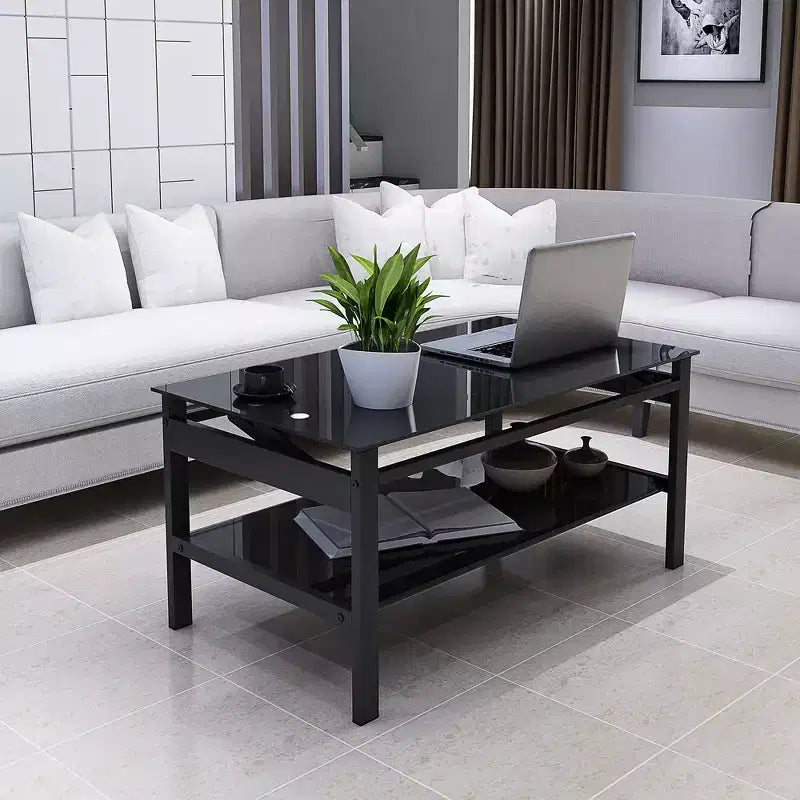 Table basse relevable en verre avec plateau en verre trempé à 2 niveaux et piètement en métal, table moderne pour salon