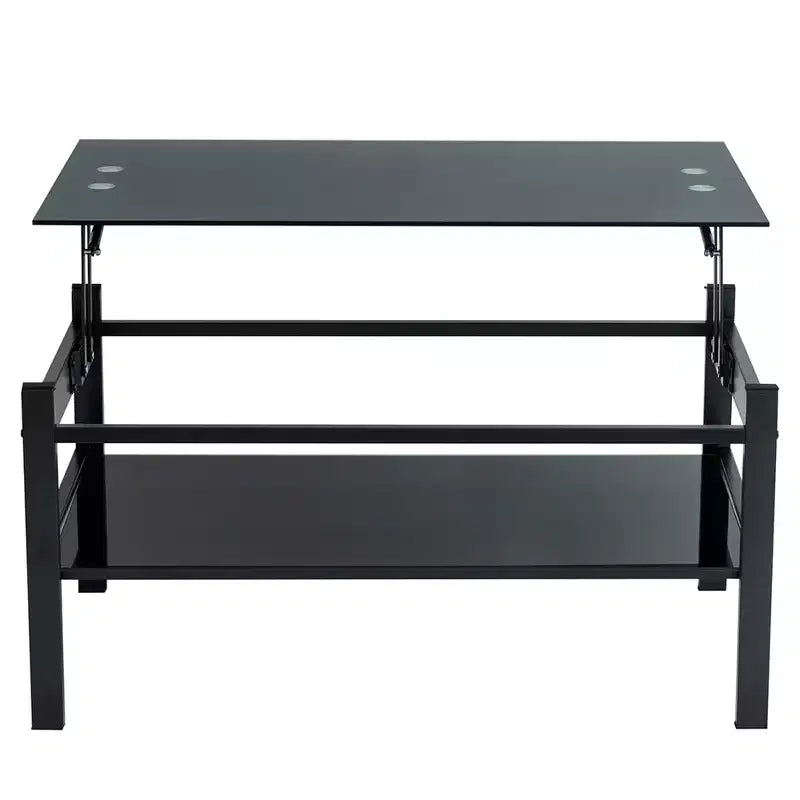 Table basse relevable en verre avec plateau en verre trempé à 2 niveaux et piètement en métal, table moderne pour salon