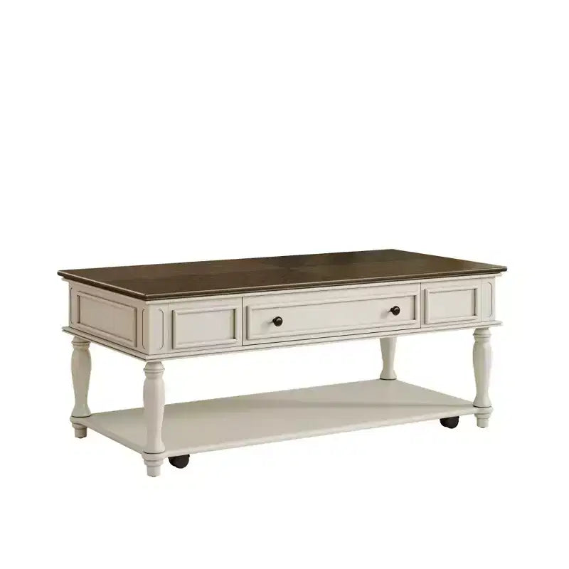 Mesa de centro estilo granja con un cajón, ruedas con bloqueo y patas de madera maciza para la sala de estar, gris+blanco