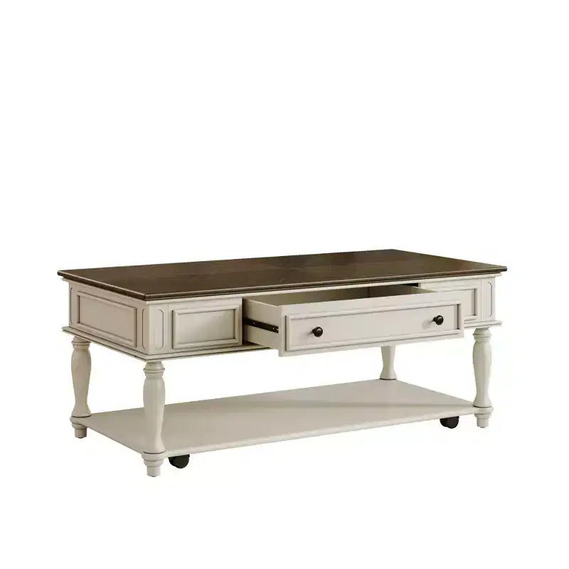 Table basse de style maison de campagne avec un tiroir, roulettes verrouillables et pieds en bois massif pour le salon, gris+blanc