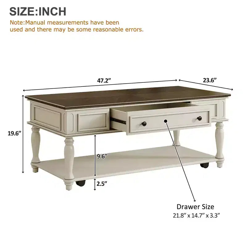 Mesa de centro estilo granja con un cajón, ruedas con bloqueo y patas de madera maciza para la sala de estar, gris+blanco
