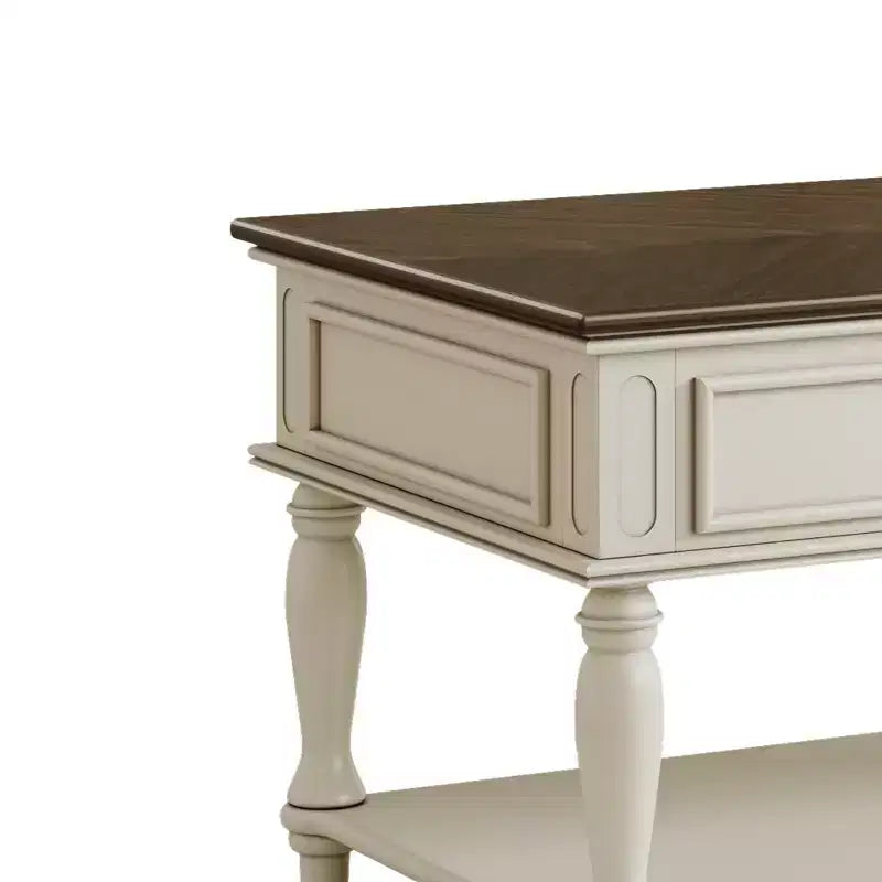 Mesa de centro estilo granja con un cajón, ruedas con bloqueo y patas de madera maciza para la sala de estar, gris+blanco