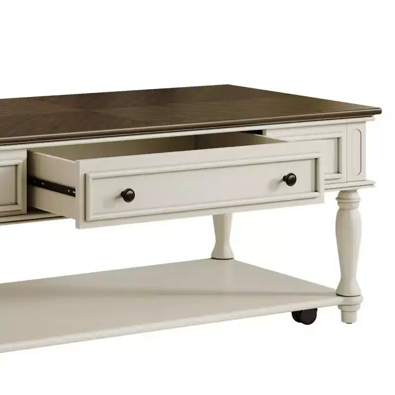 Mesa de centro estilo granja con un cajón, ruedas con bloqueo y patas de madera maciza para la sala de estar, gris+blanco