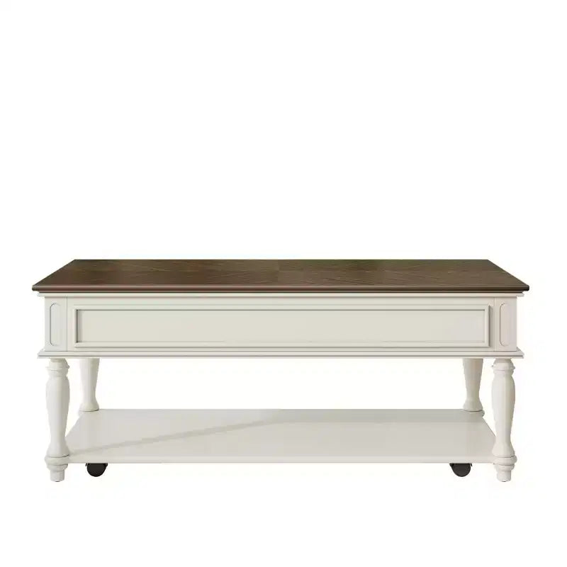Mesa de centro estilo granja con un cajón, ruedas con bloqueo y patas de madera maciza para la sala de estar, gris+blanco