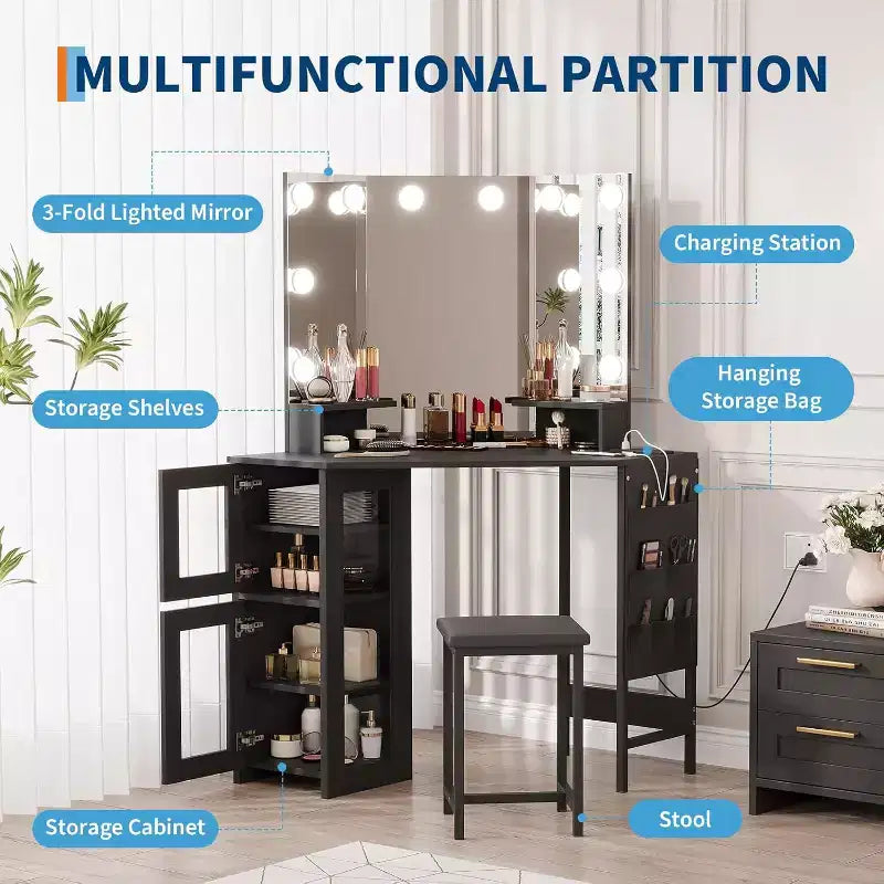 Coiffeuse d’angle avec tabouret, miroir avec ampoules, station de recharge et armoire pour chambre