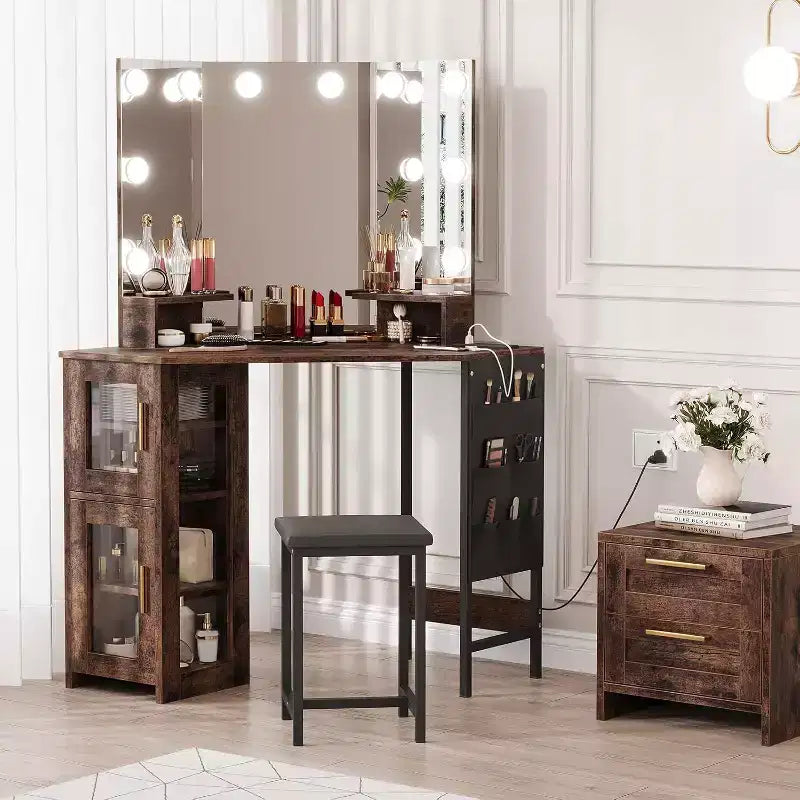 Coiffeuse d’angle avec tabouret, miroir avec ampoules, station de recharge et armoire pour chambre
