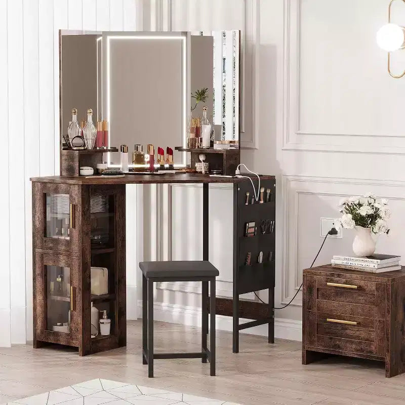 Coiffeuse d’angle avec tabouret, miroir avec ampoules, station de recharge et armoire pour chambre