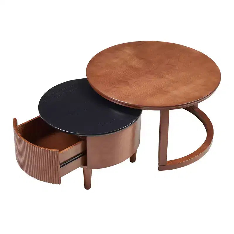 Tables basses gigognes rondes, table de cocktail, table centrale, table d’appoint pour canapé, table décorative vintage avec tiroir, noir et noyer