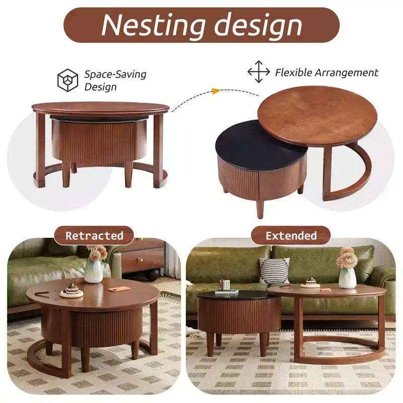 Tables basses gigognes rondes, table de cocktail, table centrale, table d’appoint pour canapé, table décorative vintage avec tiroir, noir et noyer