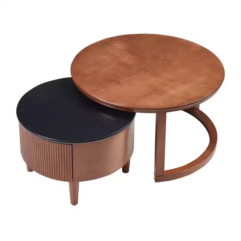 Tables basses gigognes rondes, table de cocktail, table centrale, table d’appoint pour canapé, table décorative vintage avec tiroir, noir et noyer