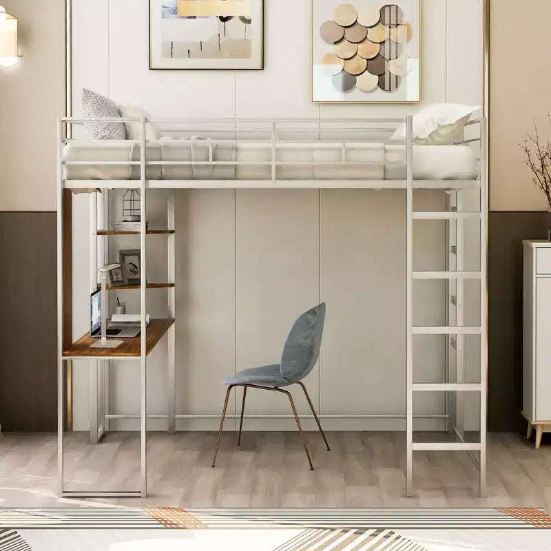 Bellemave Full Size Loft Bed with Desk and Storage Shelves Metal Loft Bed for Kids Teens, Silver