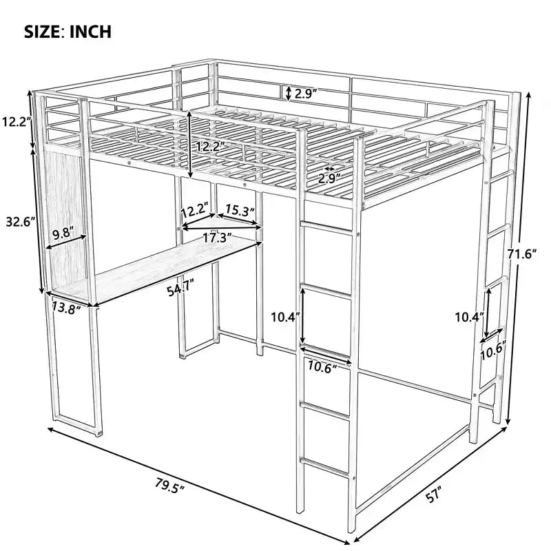 Lit mezzanine deux places avec bureau et étagères de rangement, en métal, pour enfants et adolescents, argenté
