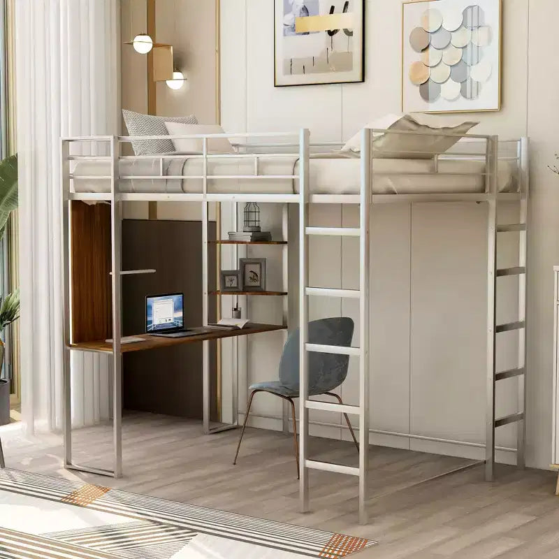 Lit mezzanine deux places avec bureau et étagères de rangement, en métal, pour enfants et adolescents, argenté