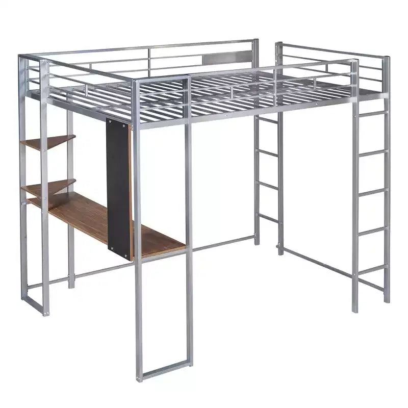 Lit mezzanine deux places avec bureau et étagères de rangement, en métal, pour enfants et adolescents, argenté
