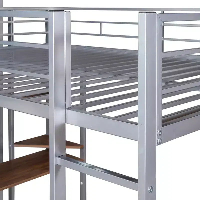 Lit mezzanine deux places avec bureau et étagères de rangement, en métal, pour enfants et adolescents, argenté