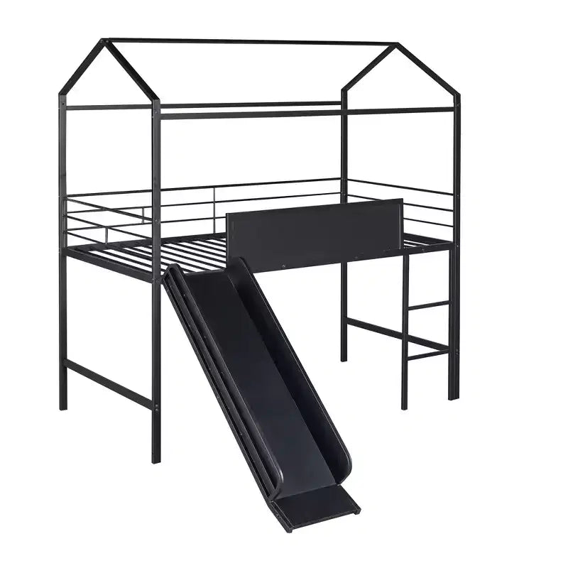 Lit mezzanine pour lit simple avec toboggan, lit cabane en métal avec toit, lit mezzanine bas avec tableau en bois inscriptible pour enfants et adolescents