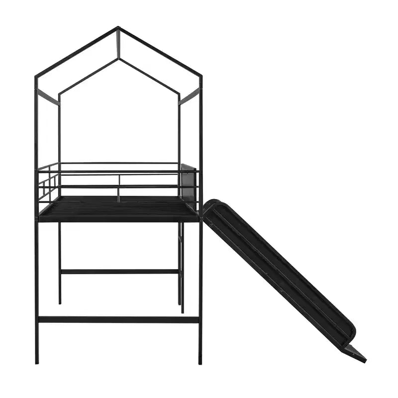 Lit mezzanine pour lit simple avec toboggan, lit cabane en métal avec toit, lit mezzanine bas avec tableau en bois inscriptible pour enfants et adolescents