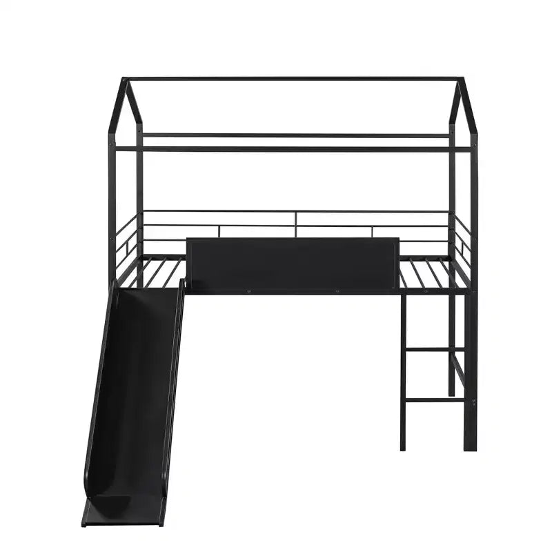 Lit mezzanine pour lit simple avec toboggan, lit cabane en métal avec toit, lit mezzanine bas avec tableau en bois inscriptible pour enfants et adolescents