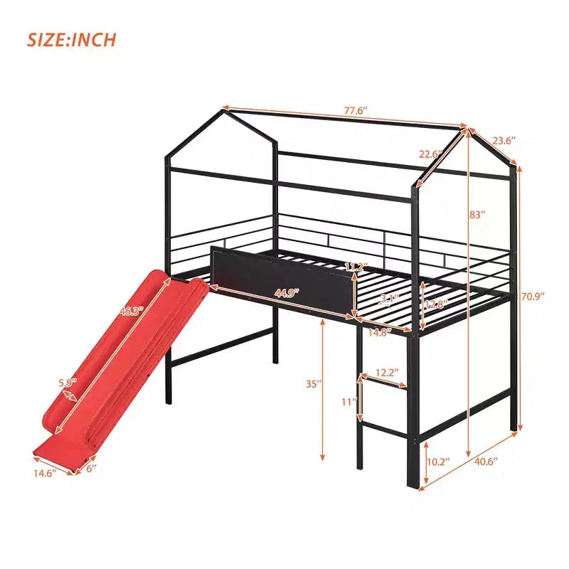 Lit mezzanine pour lit simple avec toboggan, lit cabane en métal avec toit, lit mezzanine bas avec tableau en bois inscriptible pour enfants et adolescents