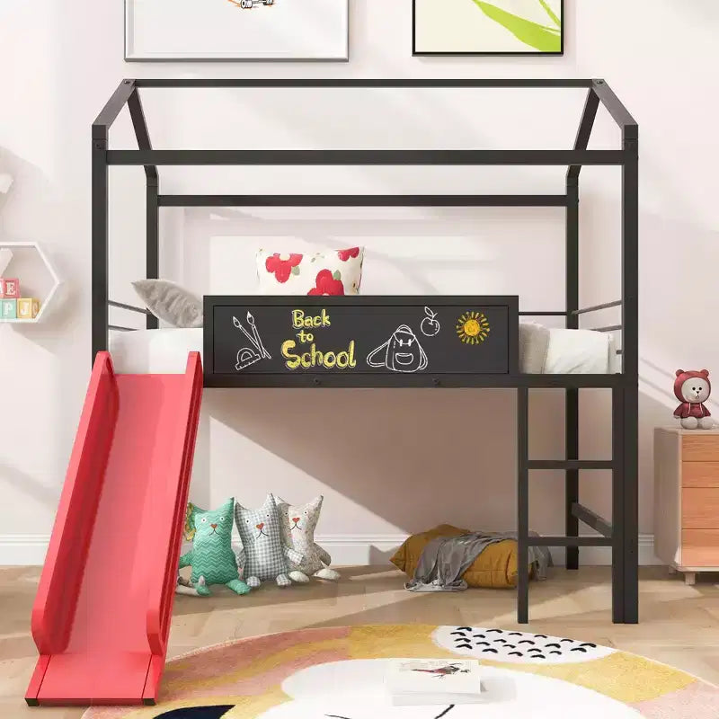 Lit mezzanine pour lit simple avec toboggan, lit cabane en métal avec toit, lit mezzanine bas avec tableau en bois inscriptible pour enfants et adolescents