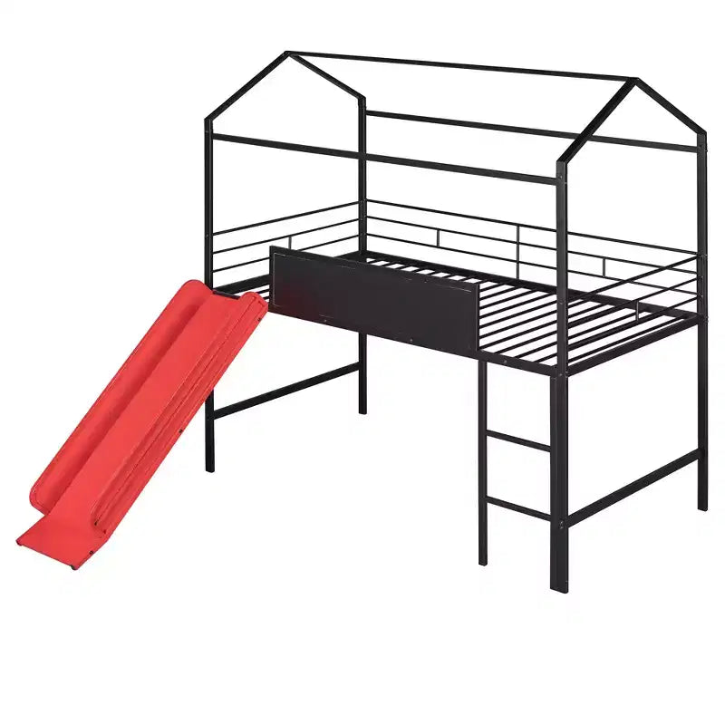 Lit mezzanine pour lit simple avec toboggan, lit cabane en métal avec toit, lit mezzanine bas avec tableau en bois inscriptible pour enfants et adolescents