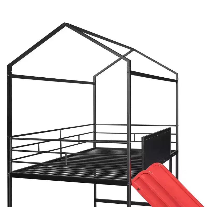 Lit mezzanine pour lit simple avec toboggan, lit cabane en métal avec toit, lit mezzanine bas avec tableau en bois inscriptible pour enfants et adolescents