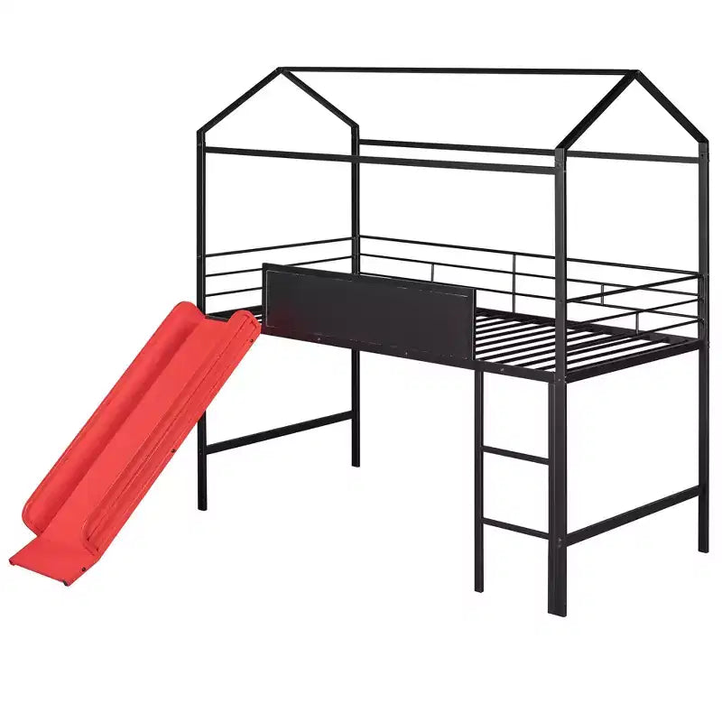 Lit mezzanine pour lit simple avec toboggan, lit cabane en métal avec toit, lit mezzanine bas avec tableau en bois inscriptible pour enfants et adolescents
