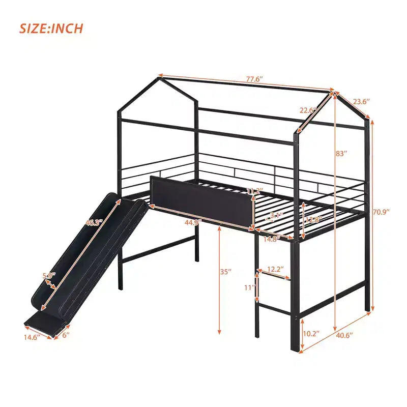 Lit mezzanine pour lit simple avec toboggan, lit cabane en métal avec toit, lit mezzanine bas avec tableau en bois inscriptible pour enfants et adolescents