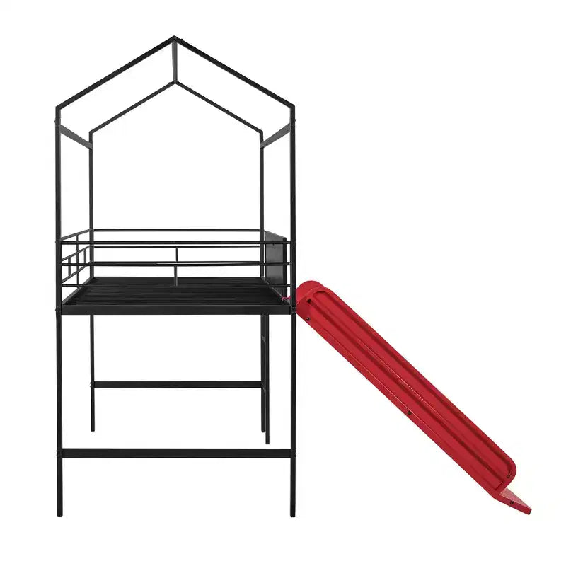 Lit mezzanine pour lit simple avec toboggan, lit cabane en métal avec toit, lit mezzanine bas avec tableau en bois inscriptible pour enfants et adolescents