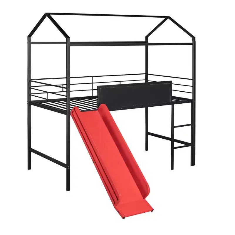 Lit mezzanine pour lit simple avec toboggan, lit cabane en métal avec toit, lit mezzanine bas avec tableau en bois inscriptible pour enfants et adolescents