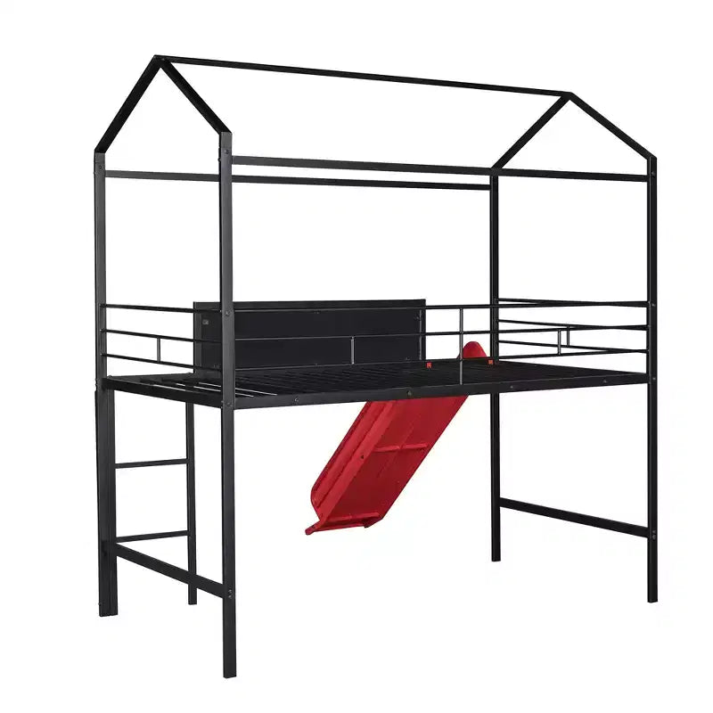 Lit mezzanine pour lit simple avec toboggan, lit cabane en métal avec toit, lit mezzanine bas avec tableau en bois inscriptible pour enfants et adolescents