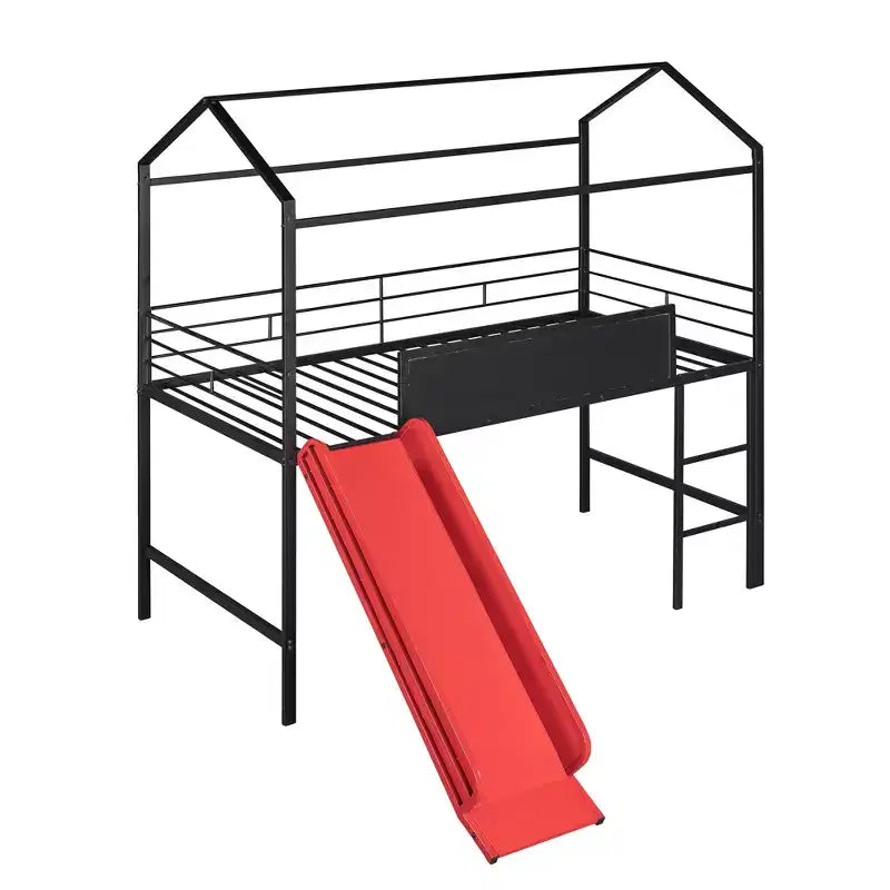 Lit mezzanine pour lit simple avec toboggan, lit cabane en métal avec toit, lit mezzanine bas avec tableau en bois inscriptible pour enfants et adolescents