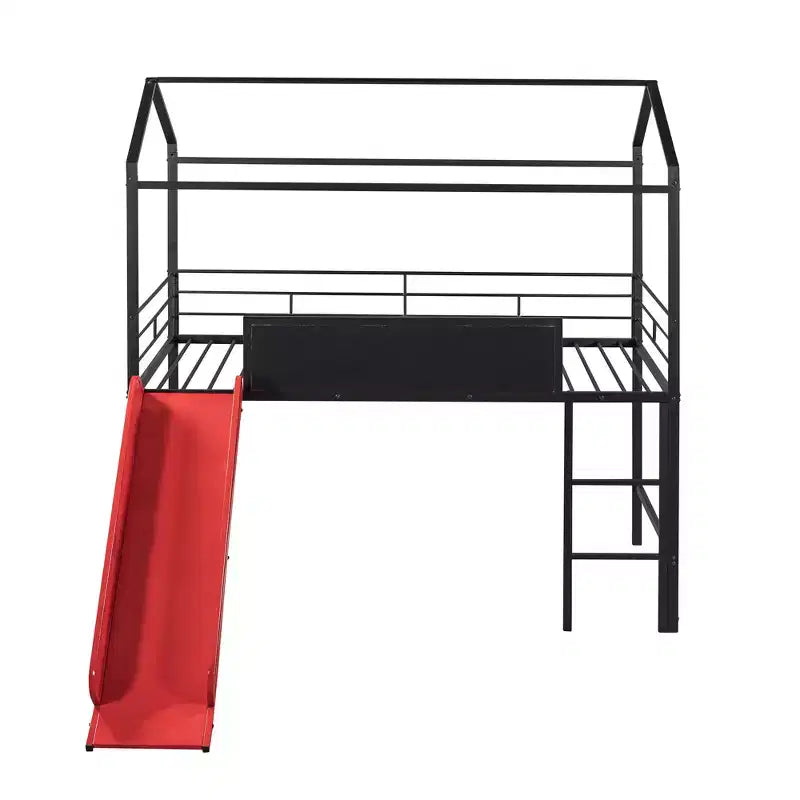 Lit mezzanine pour lit simple avec toboggan, lit cabane en métal avec toit, lit mezzanine bas avec tableau en bois inscriptible pour enfants et adolescents