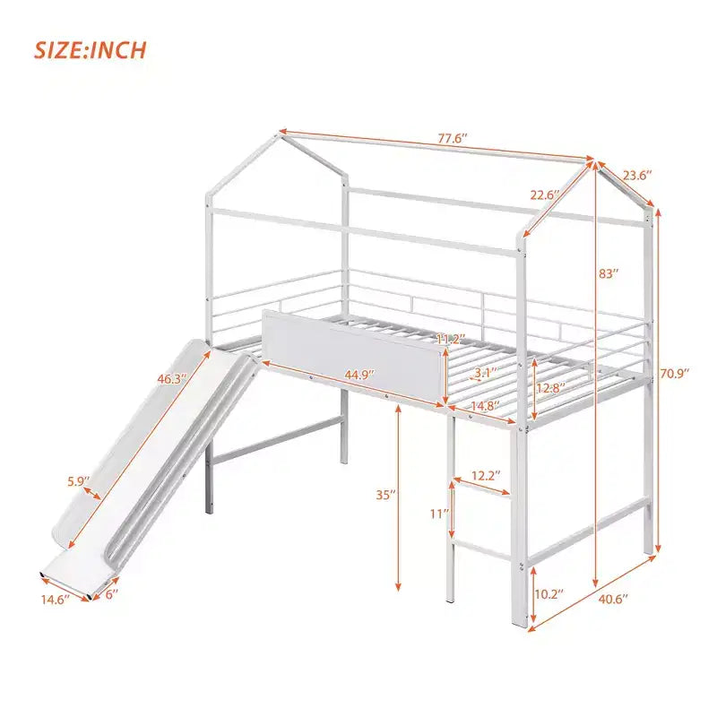Lit mezzanine pour lit simple avec toboggan, lit cabane en métal avec toit, lit mezzanine bas avec tableau en bois inscriptible pour enfants et adolescents