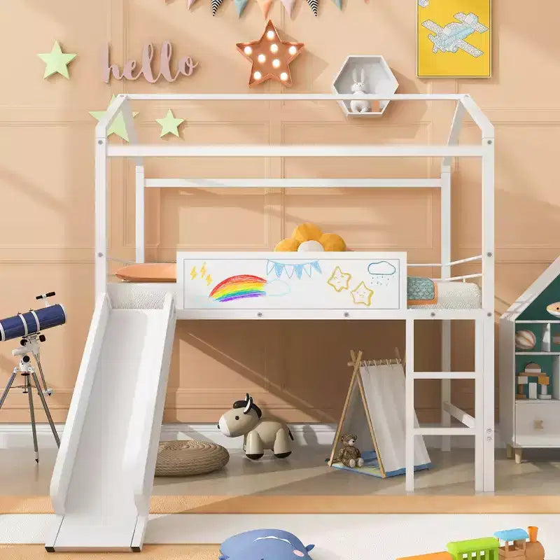 Lit mezzanine pour lit simple avec toboggan, lit cabane en métal avec toit, lit mezzanine bas avec tableau en bois inscriptible pour enfants et adolescents