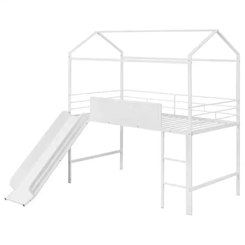Lit mezzanine pour lit simple avec toboggan, lit cabane en métal avec toit, lit mezzanine bas avec tableau en bois inscriptible pour enfants et adolescents