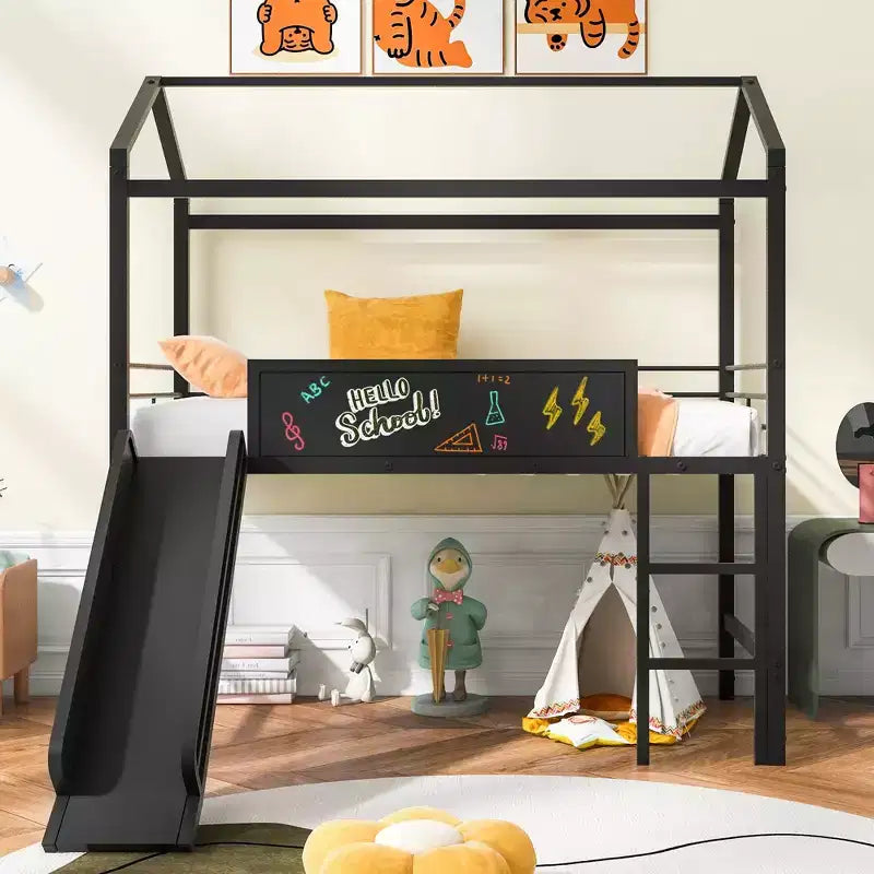 Lit mezzanine pour lit simple avec toboggan, lit cabane en métal avec toit, lit mezzanine bas avec tableau en bois inscriptible pour enfants et adolescents