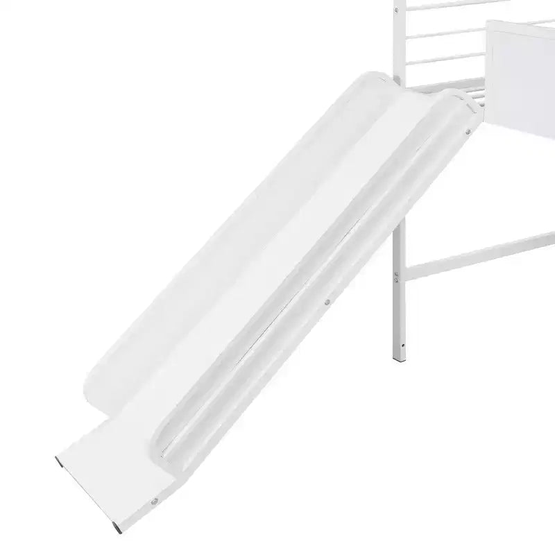 Lit mezzanine pour lit simple avec toboggan, lit cabane en métal avec toit, lit mezzanine bas avec tableau en bois inscriptible pour enfants et adolescents