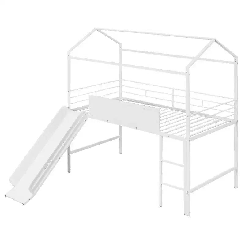 Lit mezzanine pour lit simple avec toboggan, lit cabane en métal avec toit, lit mezzanine bas avec tableau en bois inscriptible pour enfants et adolescents
