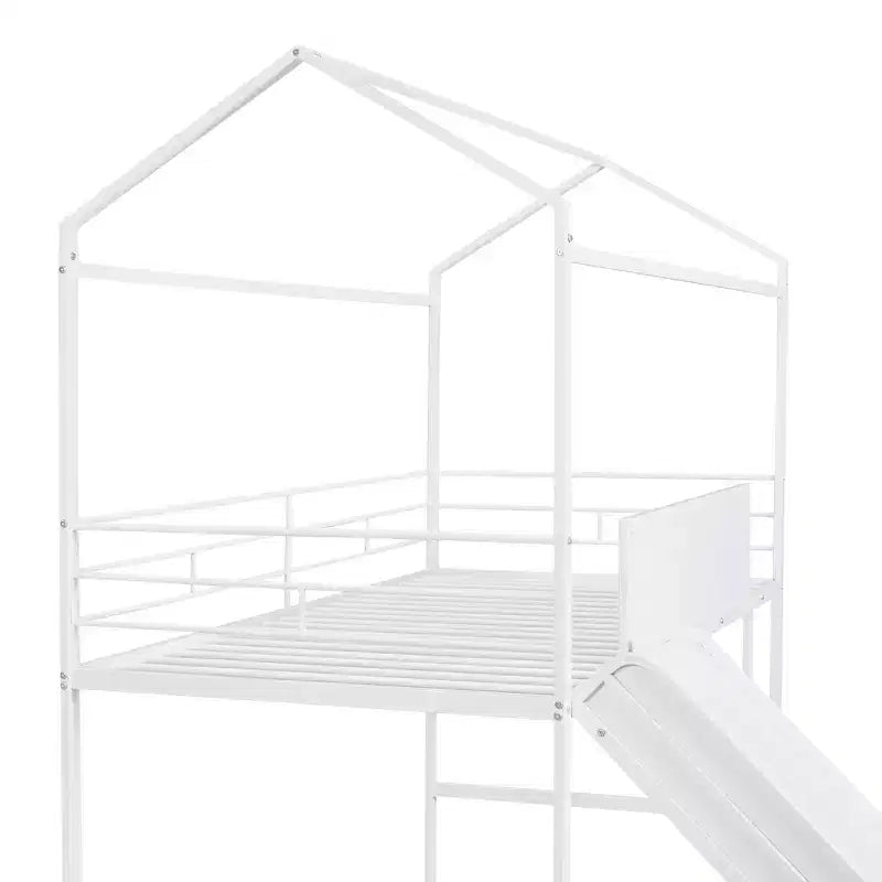 Lit mezzanine pour lit simple avec toboggan, lit cabane en métal avec toit, lit mezzanine bas avec tableau en bois inscriptible pour enfants et adolescents