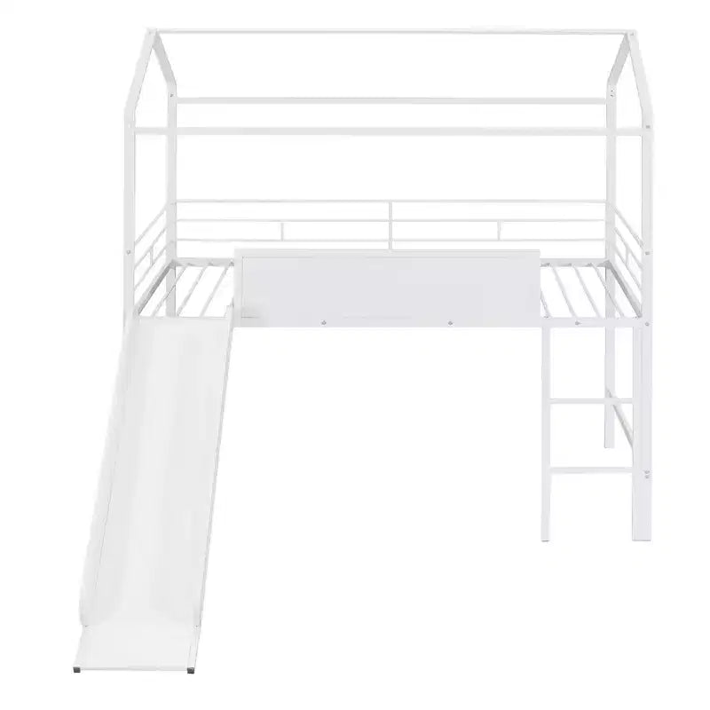 Lit mezzanine pour lit simple avec toboggan, lit cabane en métal avec toit, lit mezzanine bas avec tableau en bois inscriptible pour enfants et adolescents