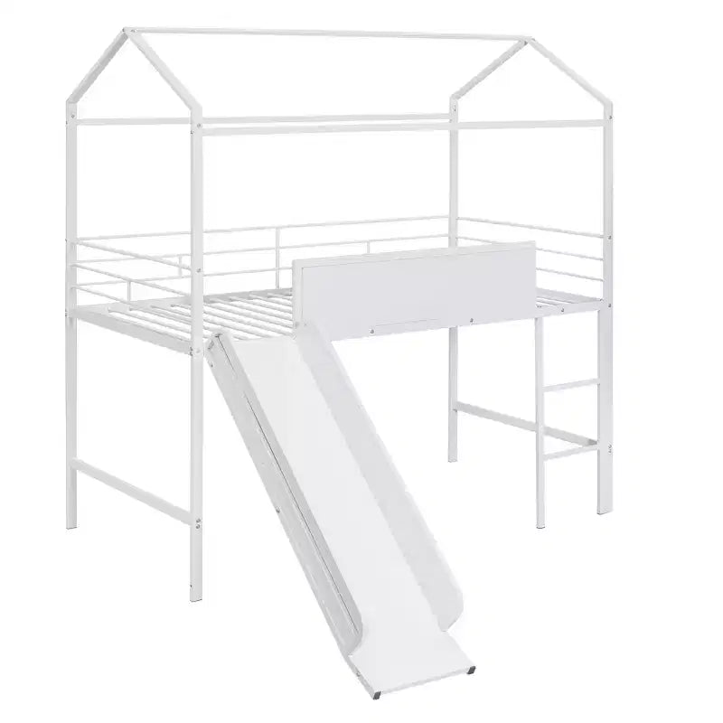 Lit mezzanine pour lit simple avec toboggan, lit cabane en métal avec toit, lit mezzanine bas avec tableau en bois inscriptible pour enfants et adolescents
