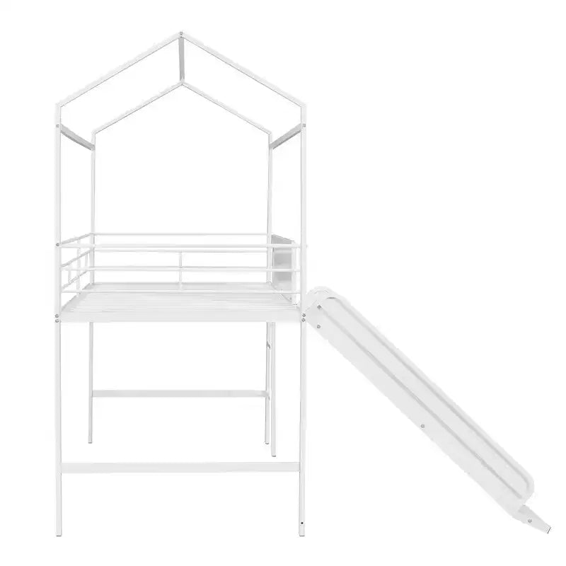 Lit mezzanine pour lit simple avec toboggan, lit cabane en métal avec toit, lit mezzanine bas avec tableau en bois inscriptible pour enfants et adolescents