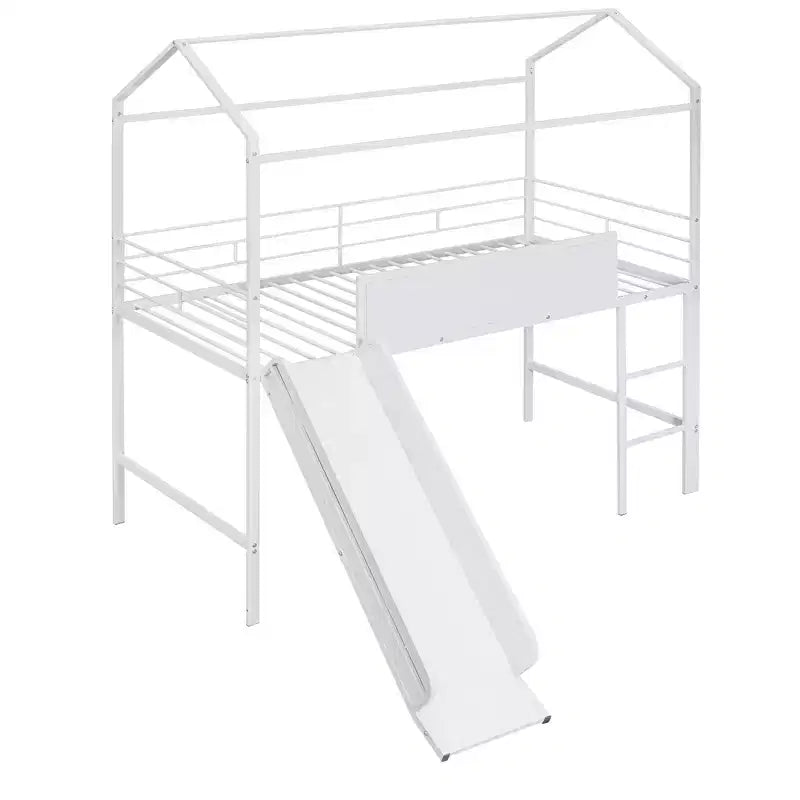 Lit mezzanine pour lit simple avec toboggan, lit cabane en métal avec toit, lit mezzanine bas avec tableau en bois inscriptible pour enfants et adolescents