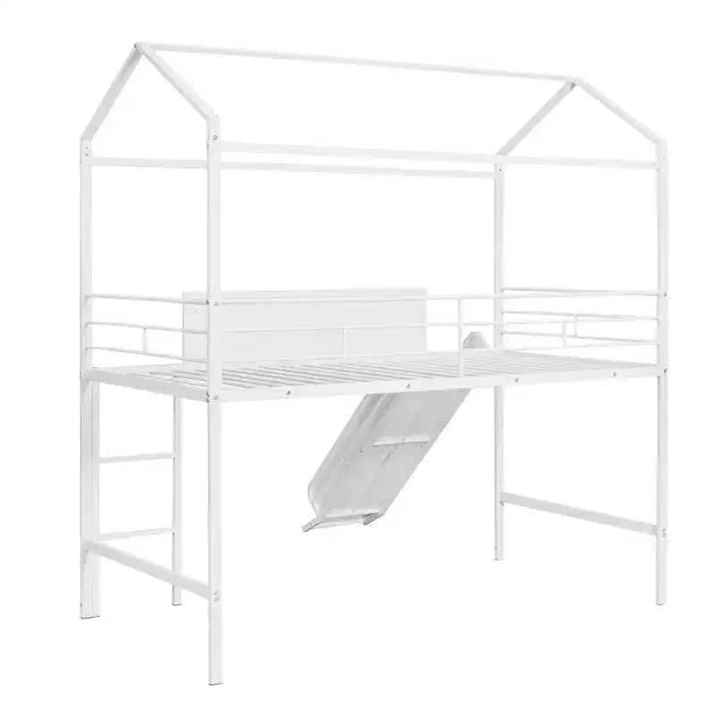 Lit mezzanine pour lit simple avec toboggan, lit cabane en métal avec toit, lit mezzanine bas avec tableau en bois inscriptible pour enfants et adolescents